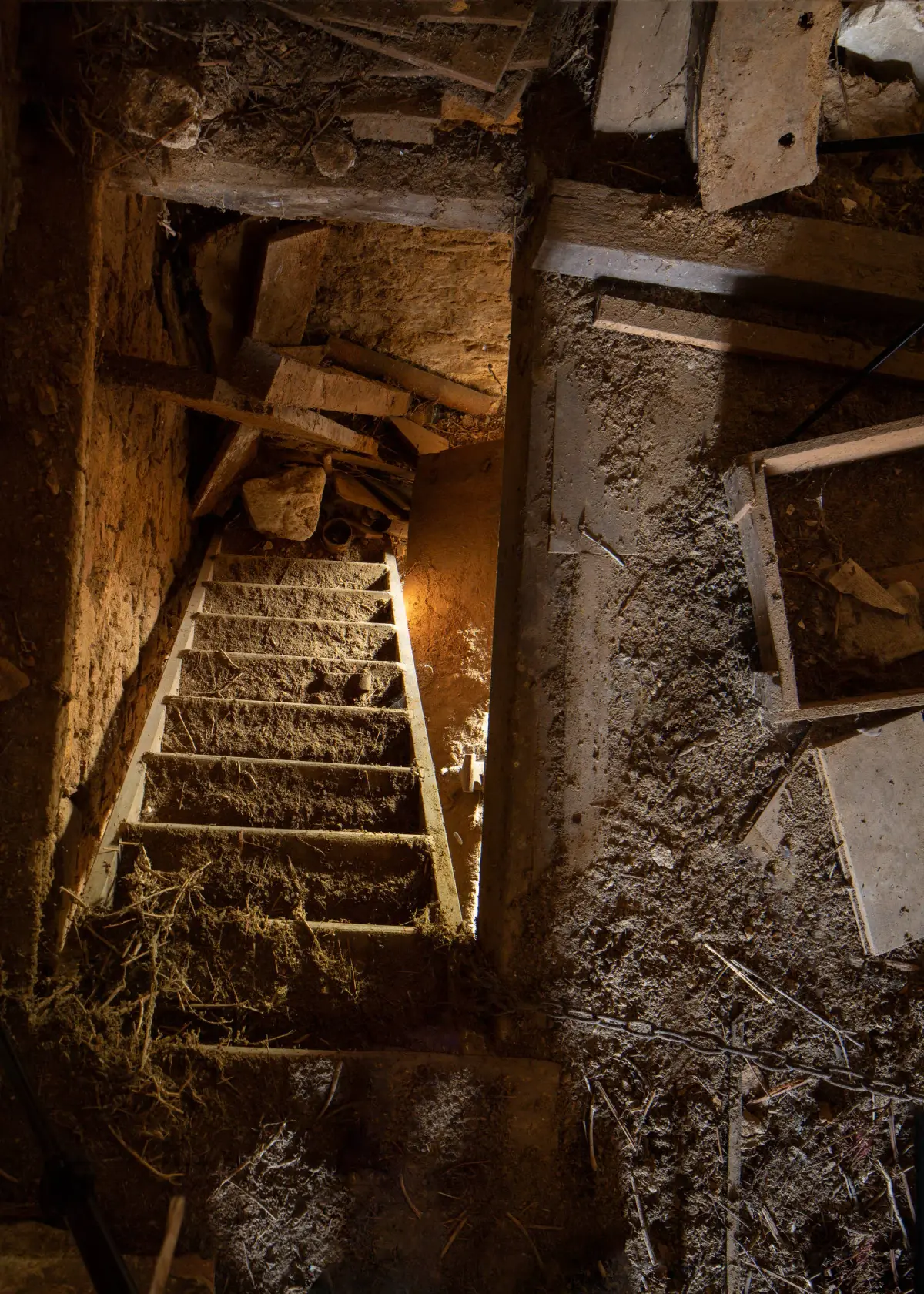Looking down a steep staircase thick with fallen earth and dust, collapsed boards at the foot