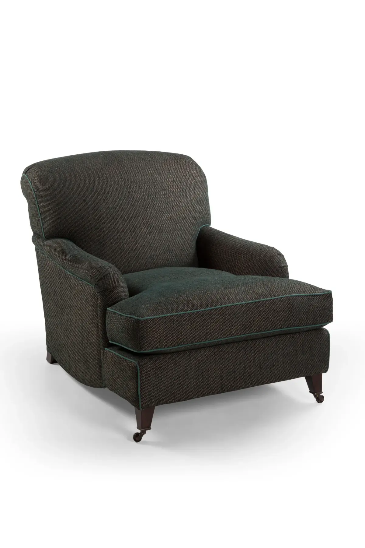 Tweed armchair on castors with contrast piping, studio product photography