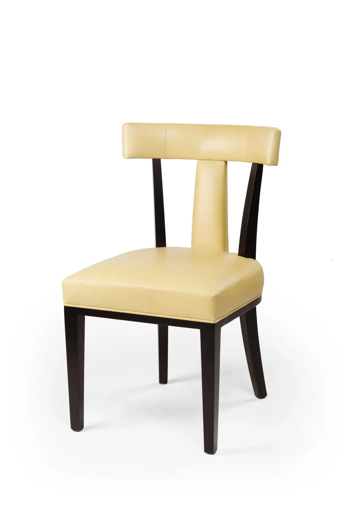 Pale yellow leather dining chair with a curved back rail, studio product photography